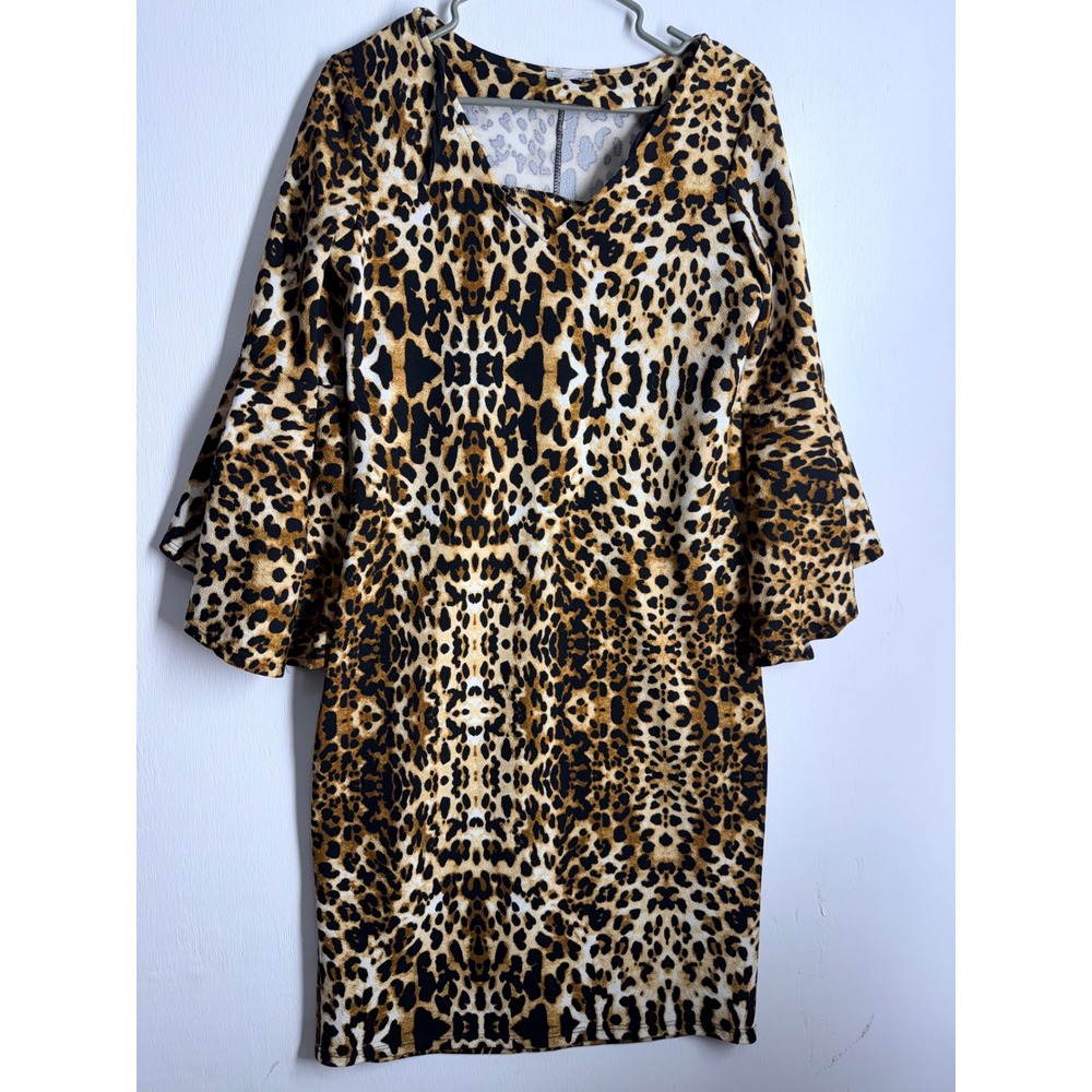 Olivia Matthews Leopard Print Bell Sleeve Sheath Dress Animal Print Medium